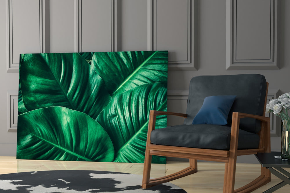 Green Tropical Leaf glass print enhancing a kitchen nook with fresh greenery