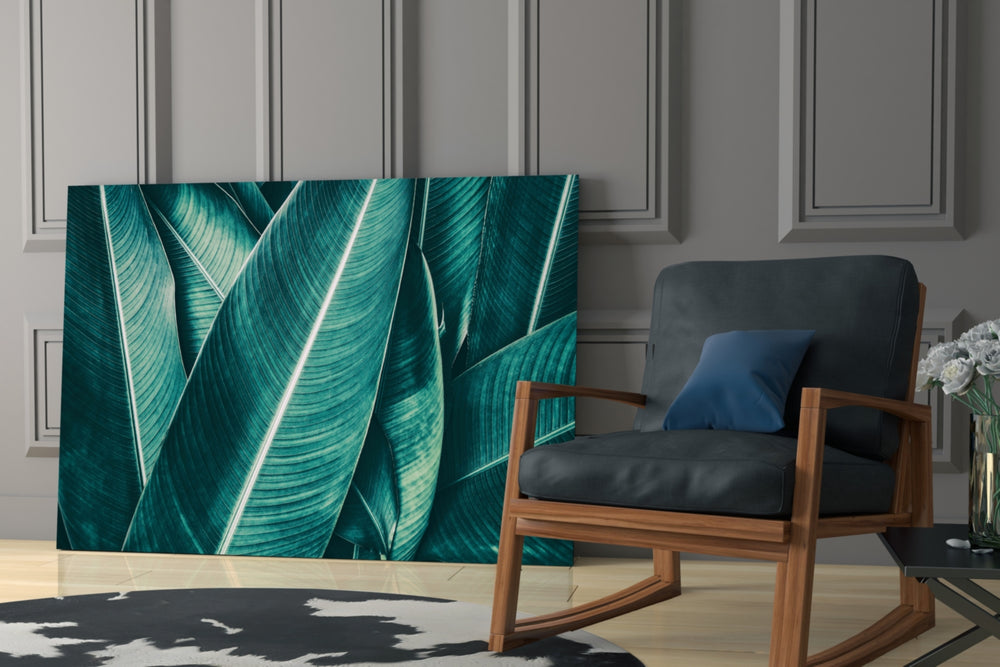 Green Tropical Leaf 2 glass print enhancing a bedroom with serene green