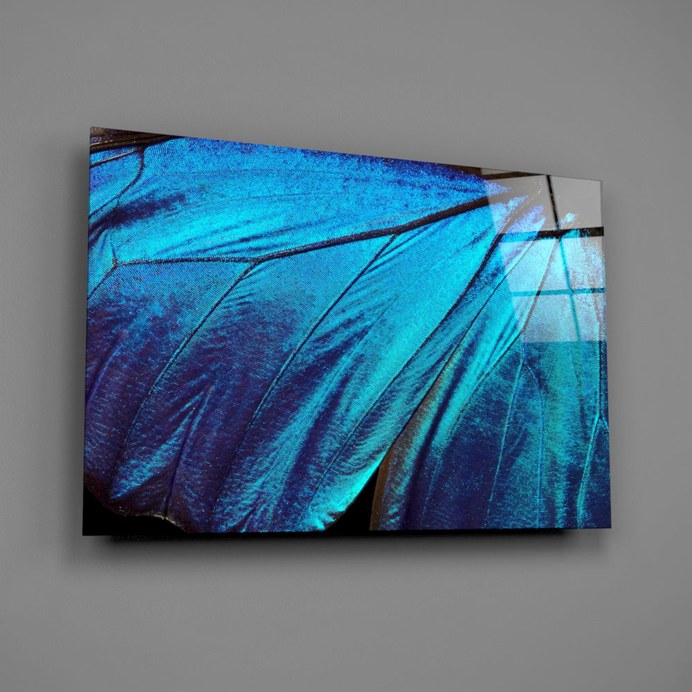 Blue morpho macro panel bringing jewel-tone shimmer to a contemporary living space