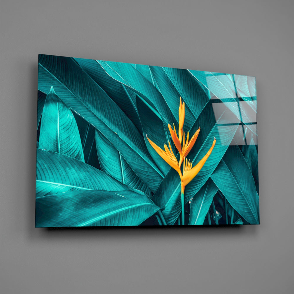 Heliconia and teal leaf panel bringing tropical drama to a contemporary living space