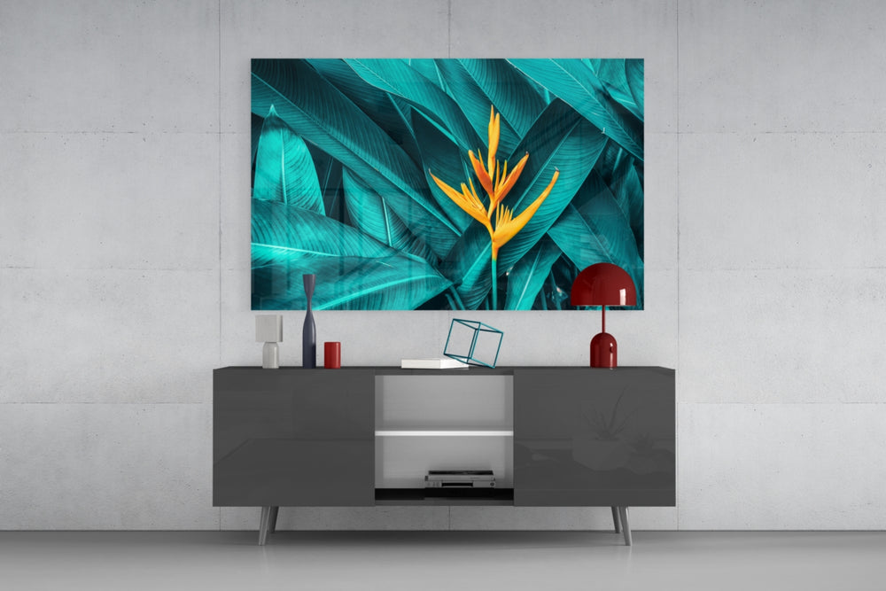Tropical Leaf 3 panel catching warm light to reveal its single torch bloom