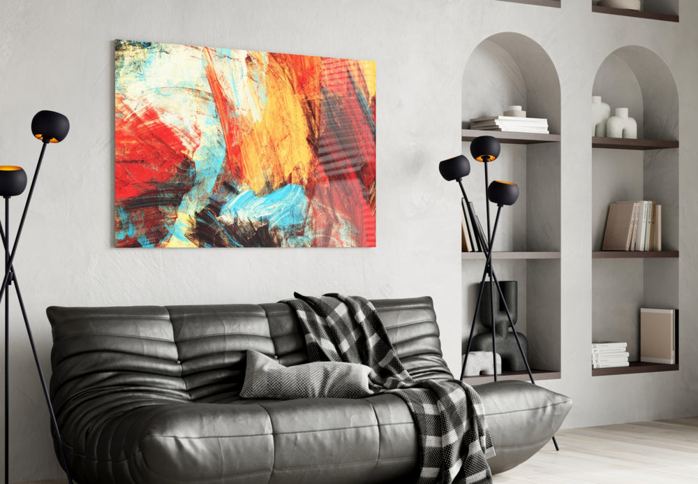 Abstract 3 glass wall art styled above a sofa in a statement-mood living room