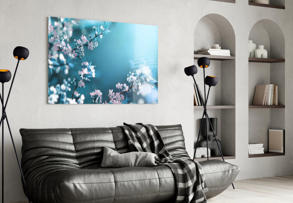 Spring Flowers glass wall art styled above a bed in a serene bedroom