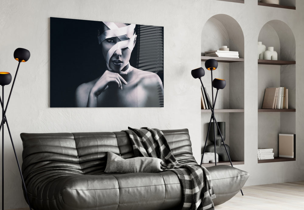Woman Portrait 9 glass wall art styled above a desk in an avant-garde study