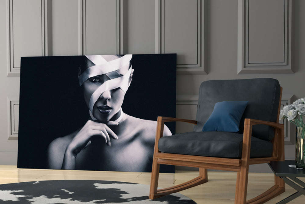 Woman Portrait 9 glass print enhancing a hallway with quiet drama