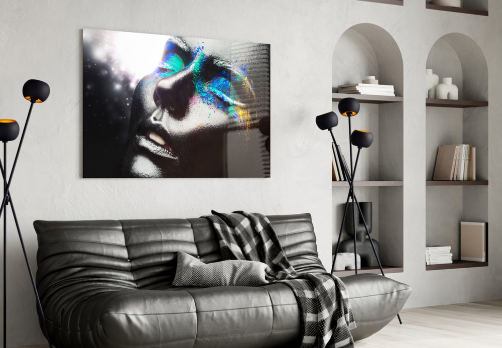 Female Portrait 10 glass wall art styled above a bed in an editorial bedroom