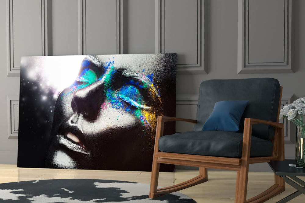 Female Portrait 10 glass print enhancing a dressing area with avant-garde grace