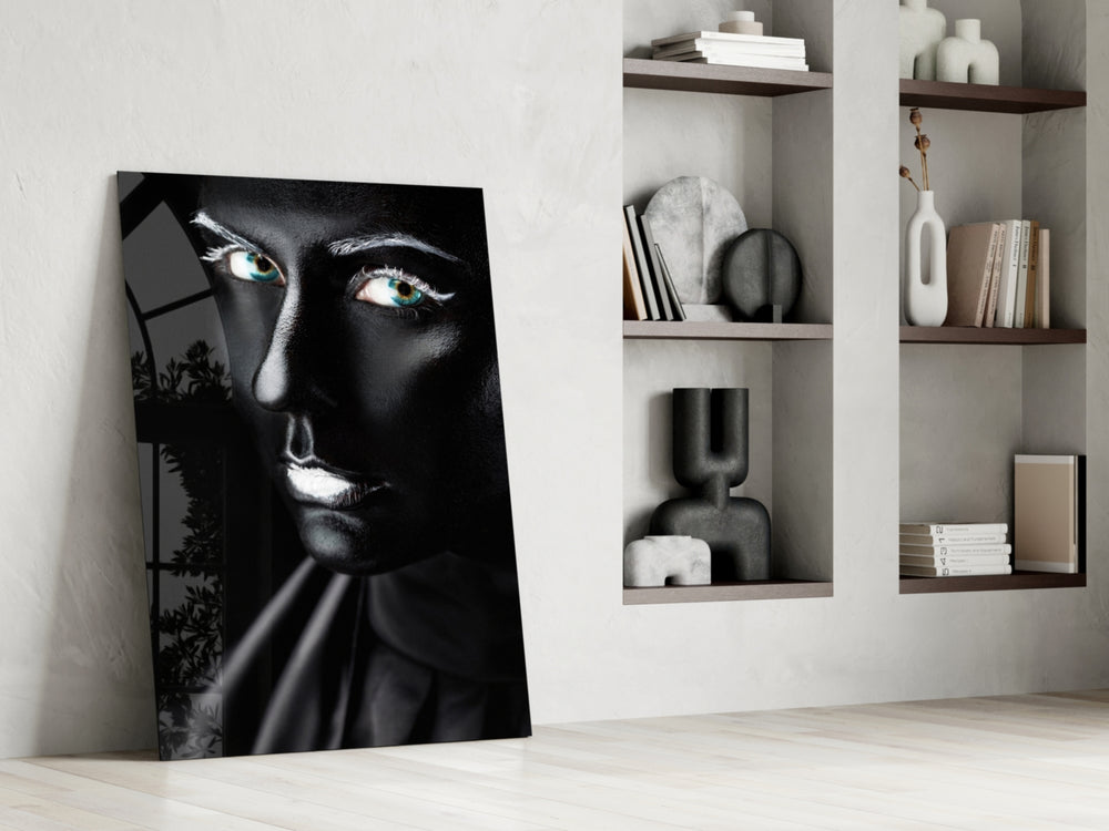 Female Portrait 11 glass print enhancing a high-contrast hallway
