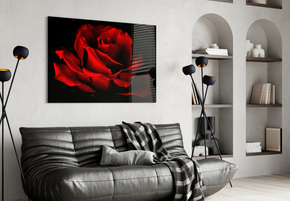 Red Rose glass wall art styled above a bed in a passion-mood bedroom