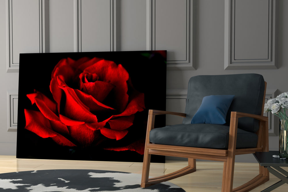 Red Rose glass print enhancing a lounge with statement color