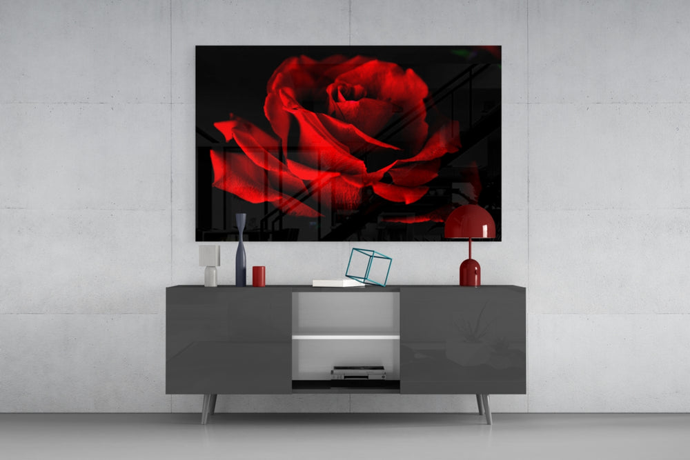 Red Rose panel catching low light to reveal its velvet depth