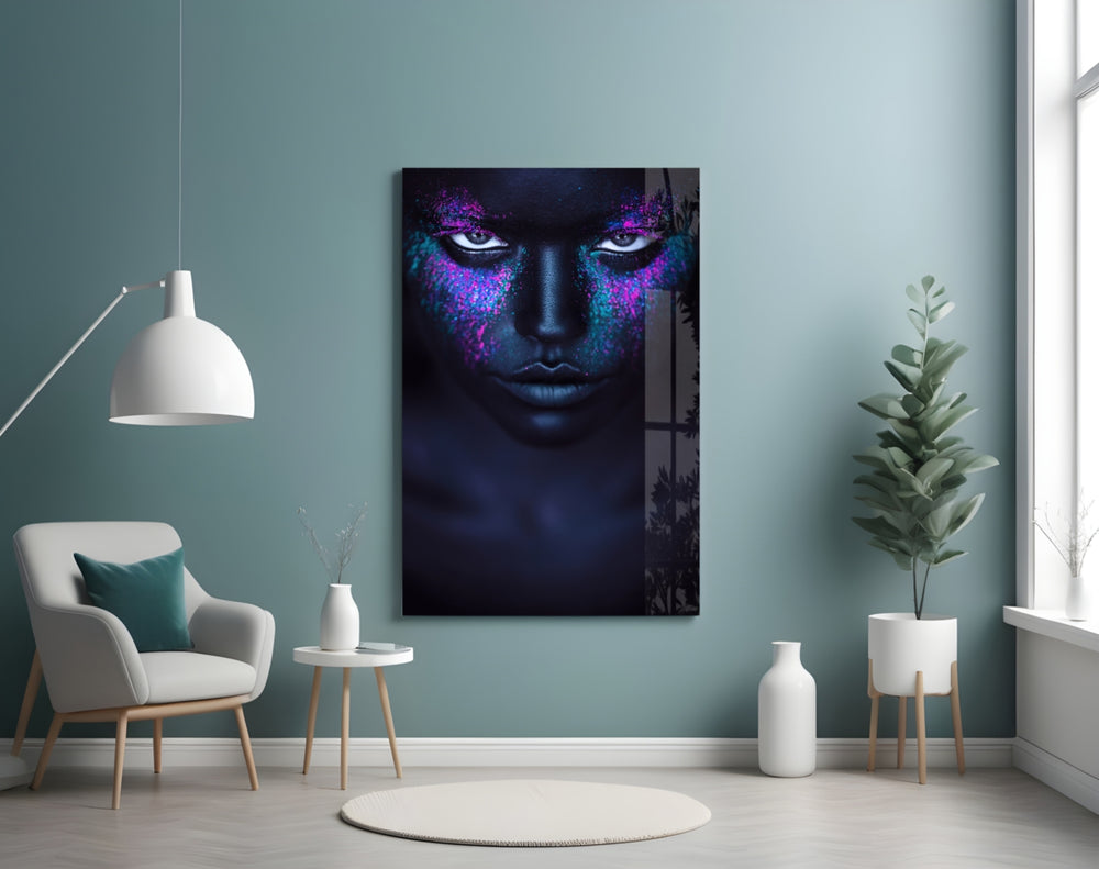 Woman artwork anchoring a hallway with night-sky palette