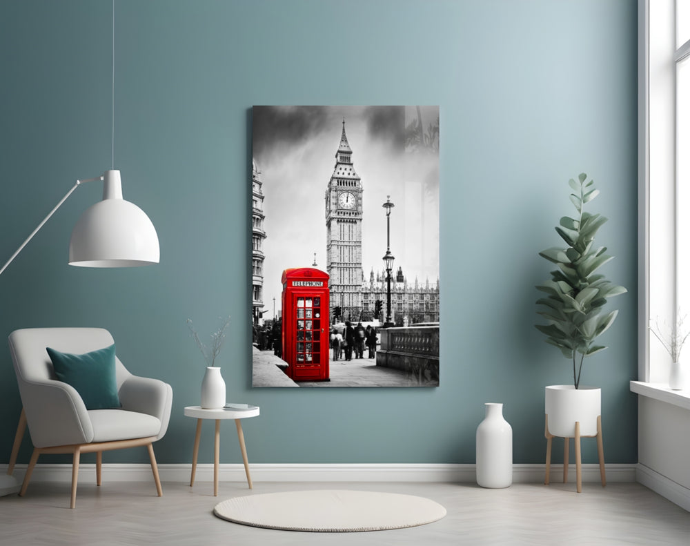 Phone Box glass wall art styled above a sofa in a travel-inspired living room