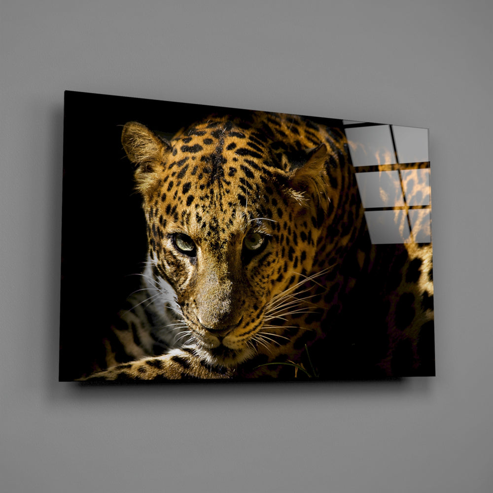 Crouched leopard panel bringing predator stillness to a contemporary living space