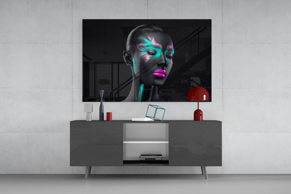 Woman panel catching low light to reveal its magenta lip