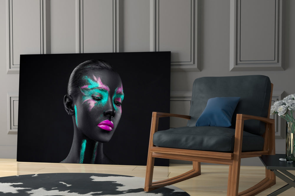 Woman glass print enhancing a lounge with night-sky energy