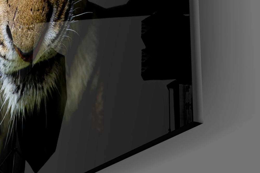 Tiger artwork anchoring a library with warm-monochrome palette