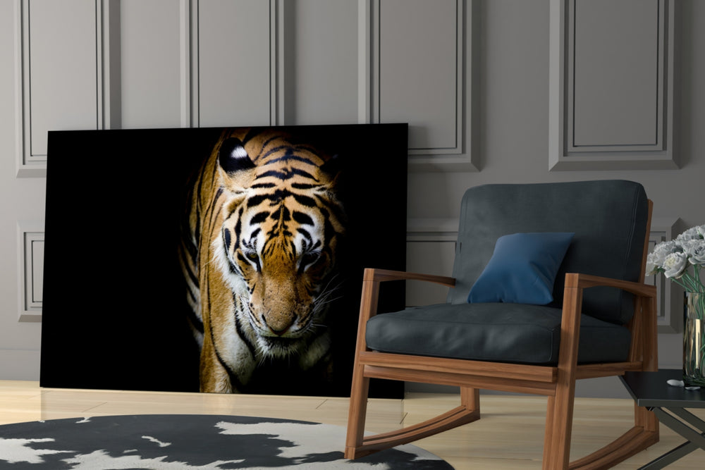Tiger glass print enhancing a hallway with sentinel gaze