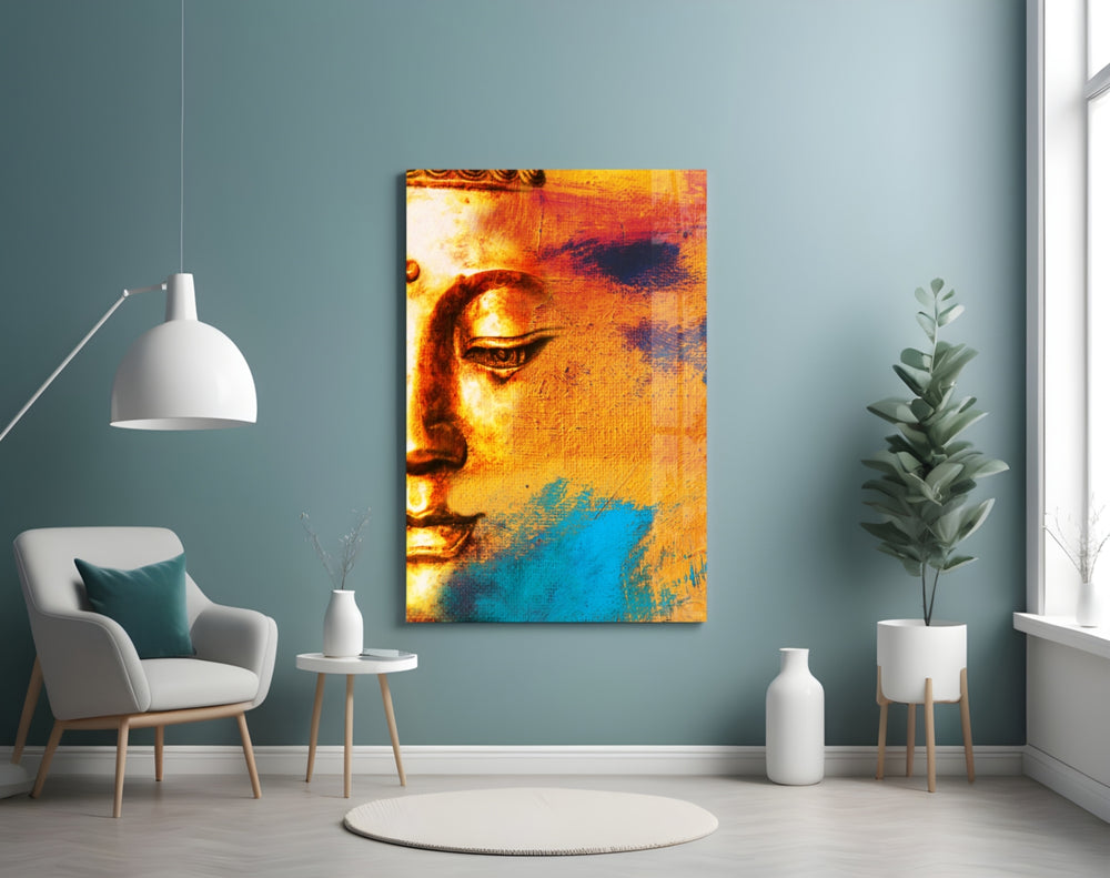 Buddha Portrait glass wall art styled in a meditation room