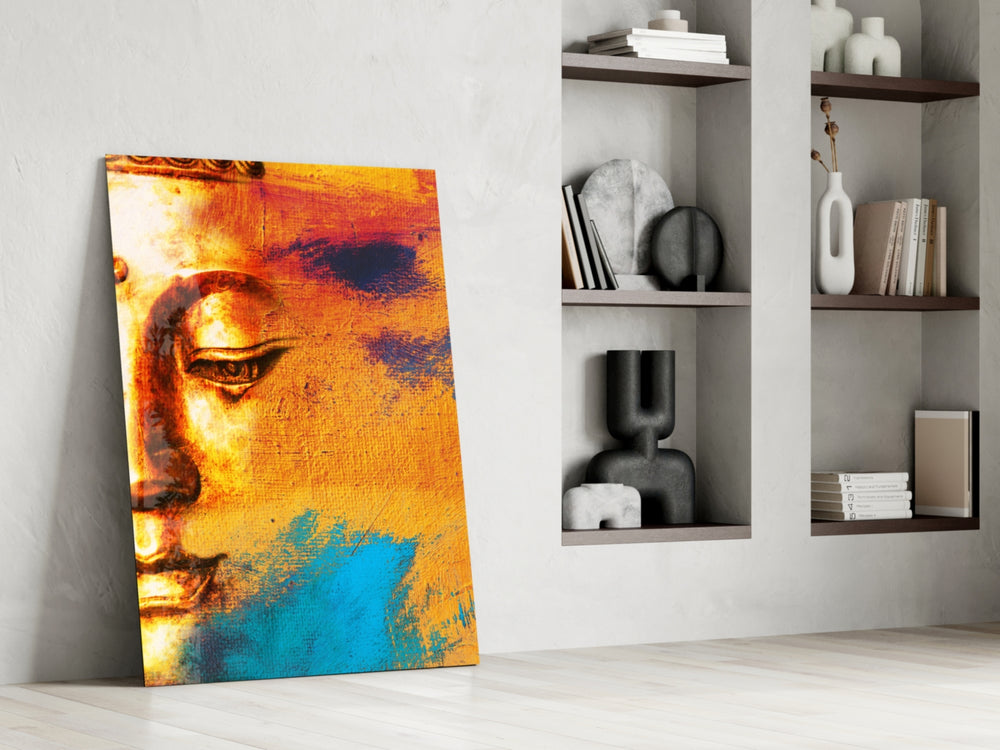 Buddha Portrait glass print enhancing a contemplative reading corner