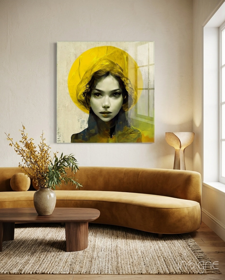 Yellow Hat Glass Wall Art || Designer Collection - Lifestyle preview in a designer interior