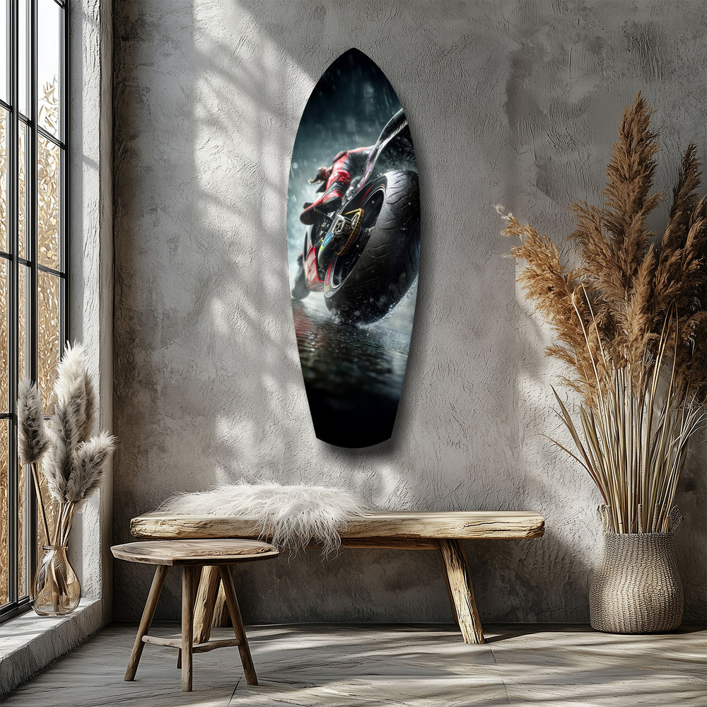 Motorcycle Speed Rain Close-Up Tempered Glass Wall Art.