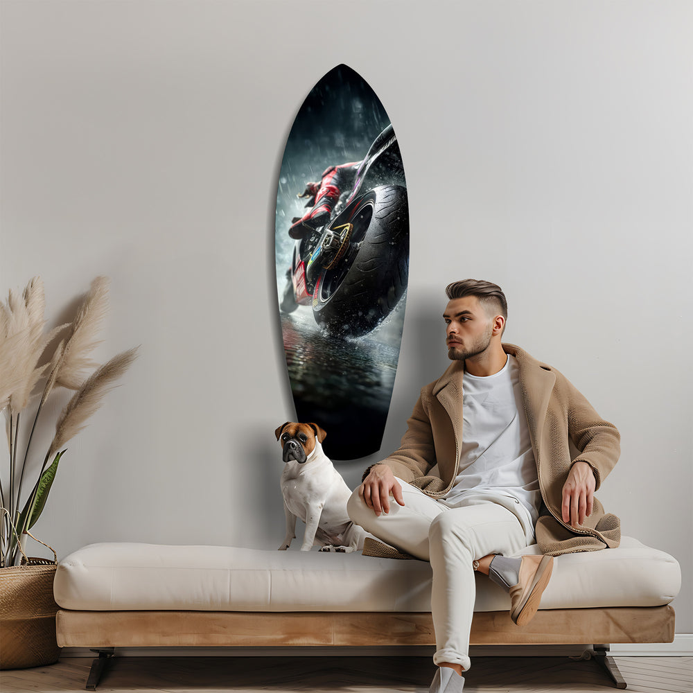 Motorcycle Speed Rain Close-Up Tempered Glass Wall Art.