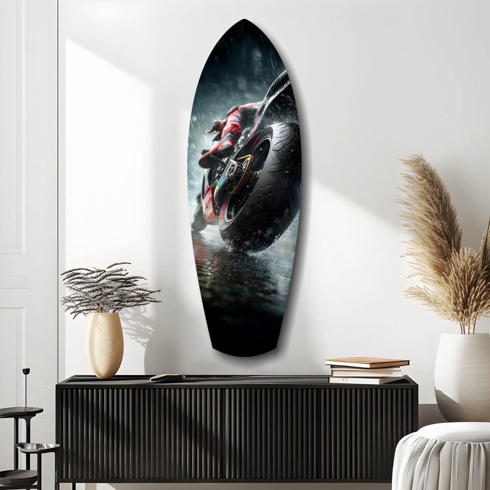 Motorcycle Speed Rain Close-Up Tempered Glass Wall Art.