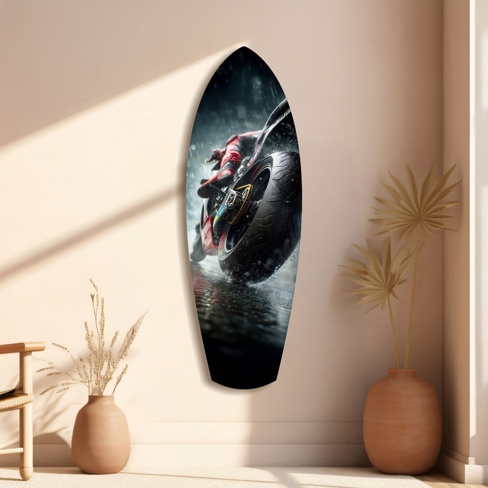 Motorcycle Speed Rain Close-Up Tempered Glass Wall Art.