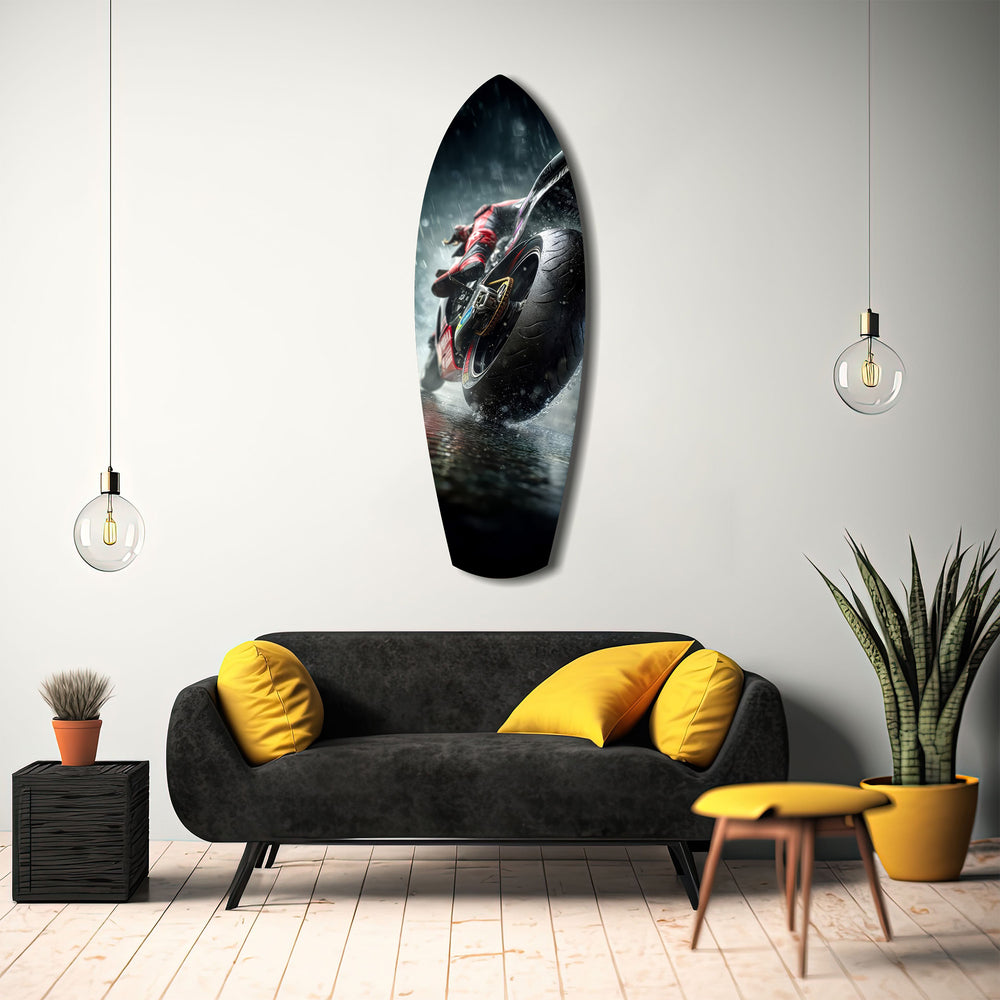 Motorcycle Speed Rain Close-Up Tempered Glass Wall Art.