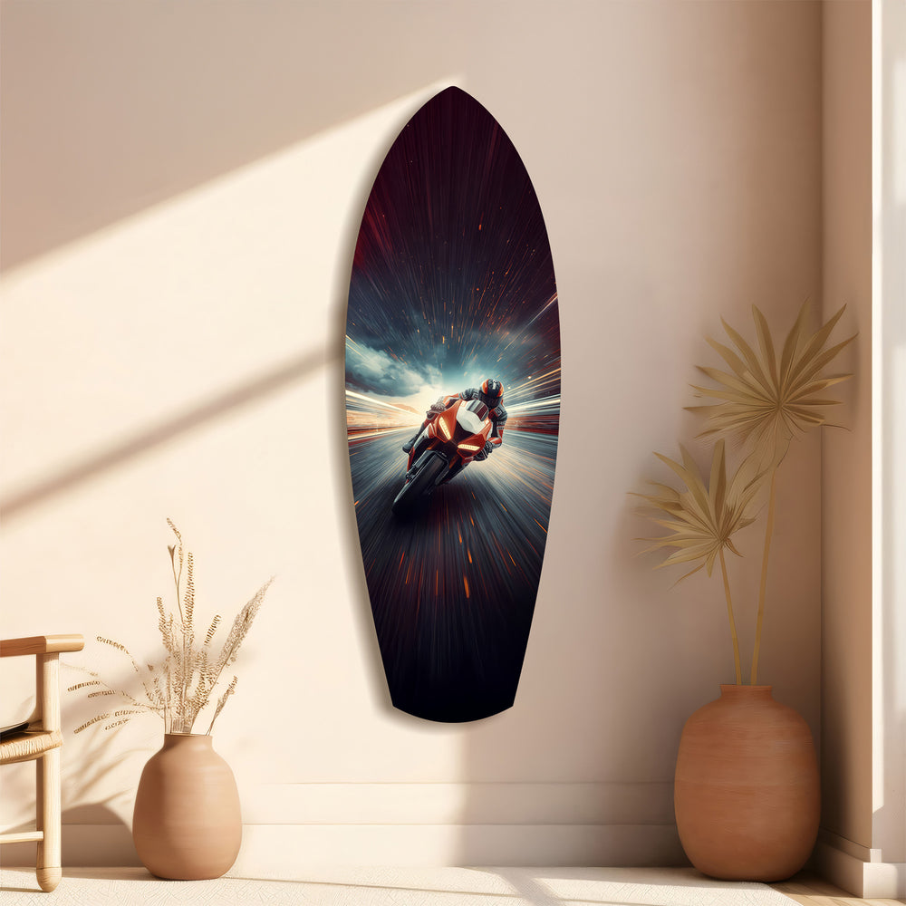 Motorcycle Racer Speed Lines Tempered Glass Wall Art.