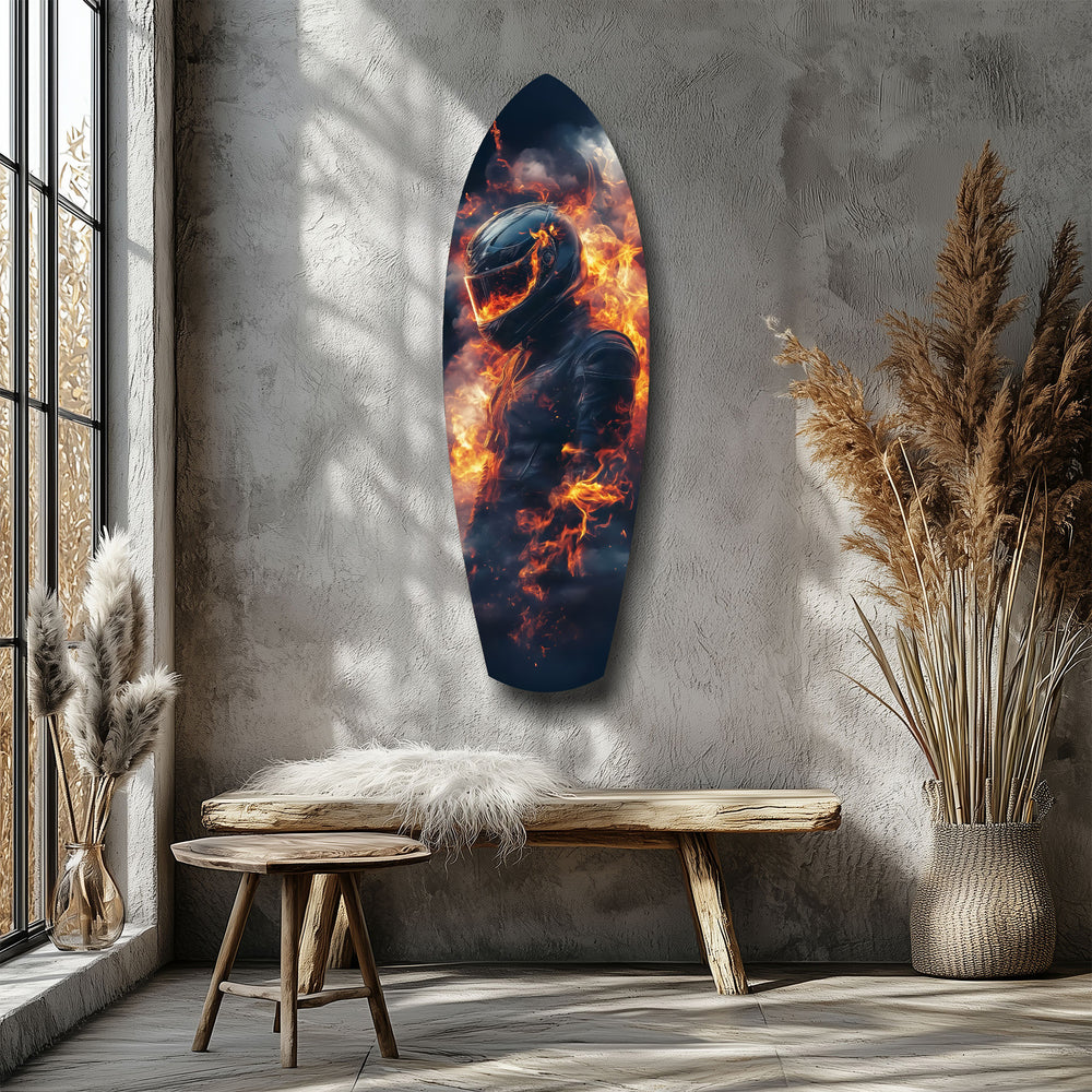 Flaming Helmet Motorcycle Rider Tempered Glass Wall Art.