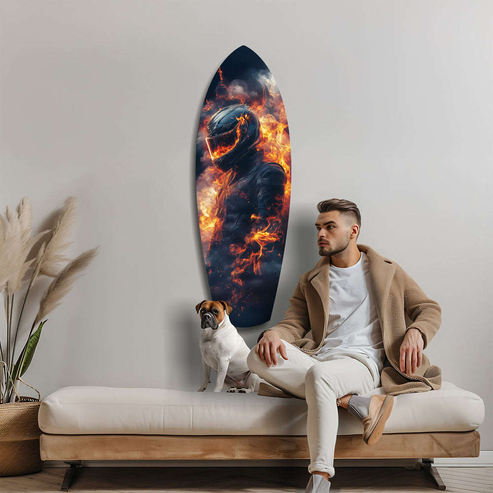 Flaming Helmet Motorcycle Rider Tempered Glass Wall Art.