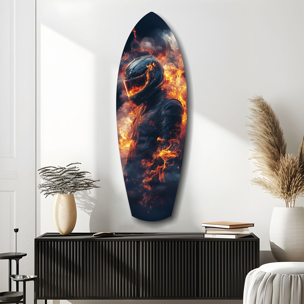 Flaming Helmet Motorcycle Rider Tempered Glass Wall Art.