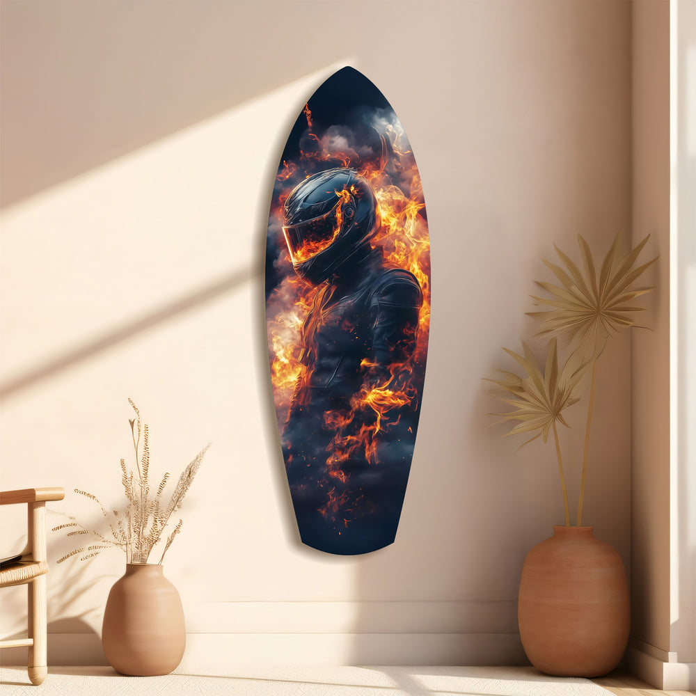 Flaming Helmet Motorcycle Rider Tempered Glass Wall Art.