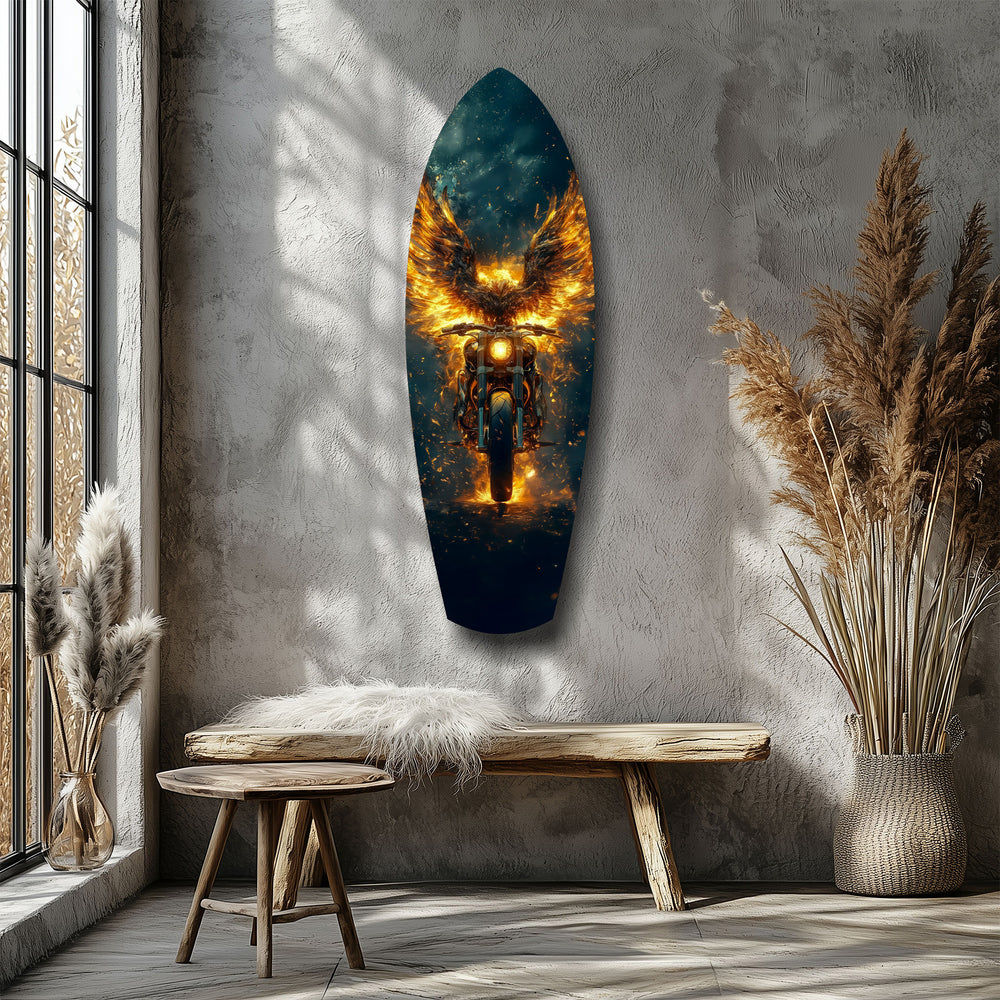 Golden Eagle Wings Motorcycle Fire Glass Wall Art.