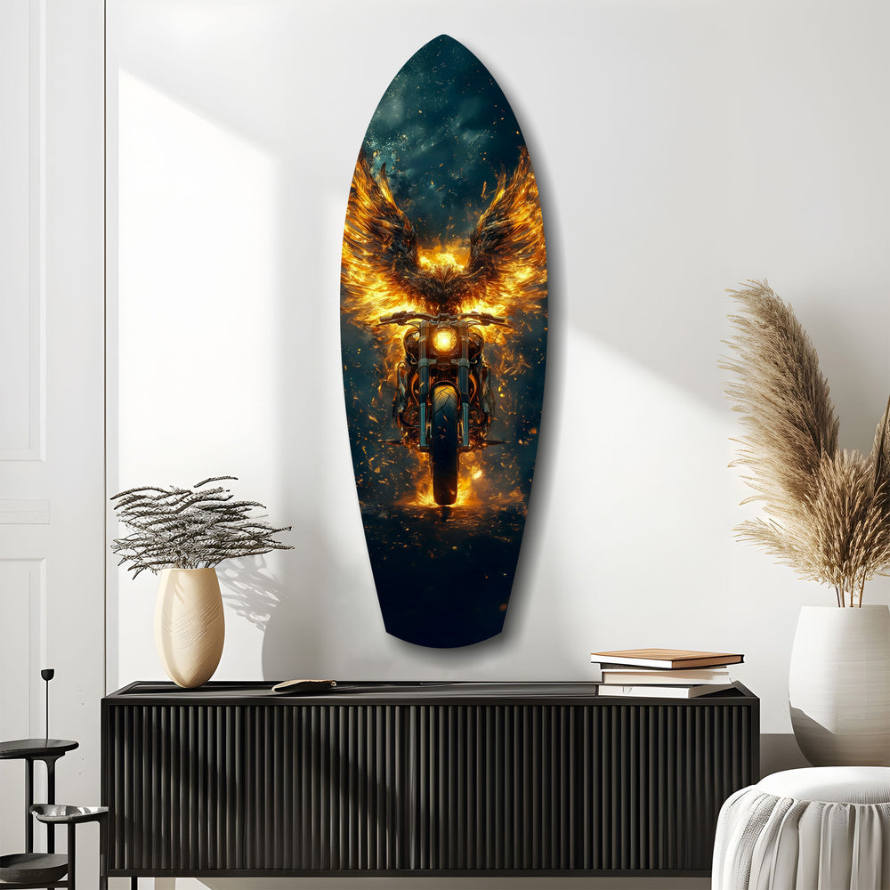 Golden Eagle Wings Motorcycle Fire Glass Wall Art.
