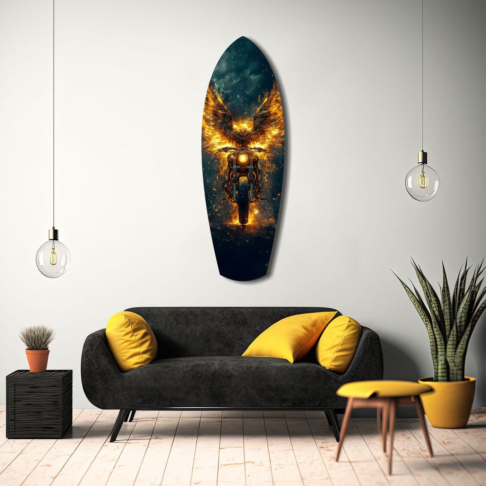 Golden Eagle Wings Motorcycle Fire Glass Wall Art.