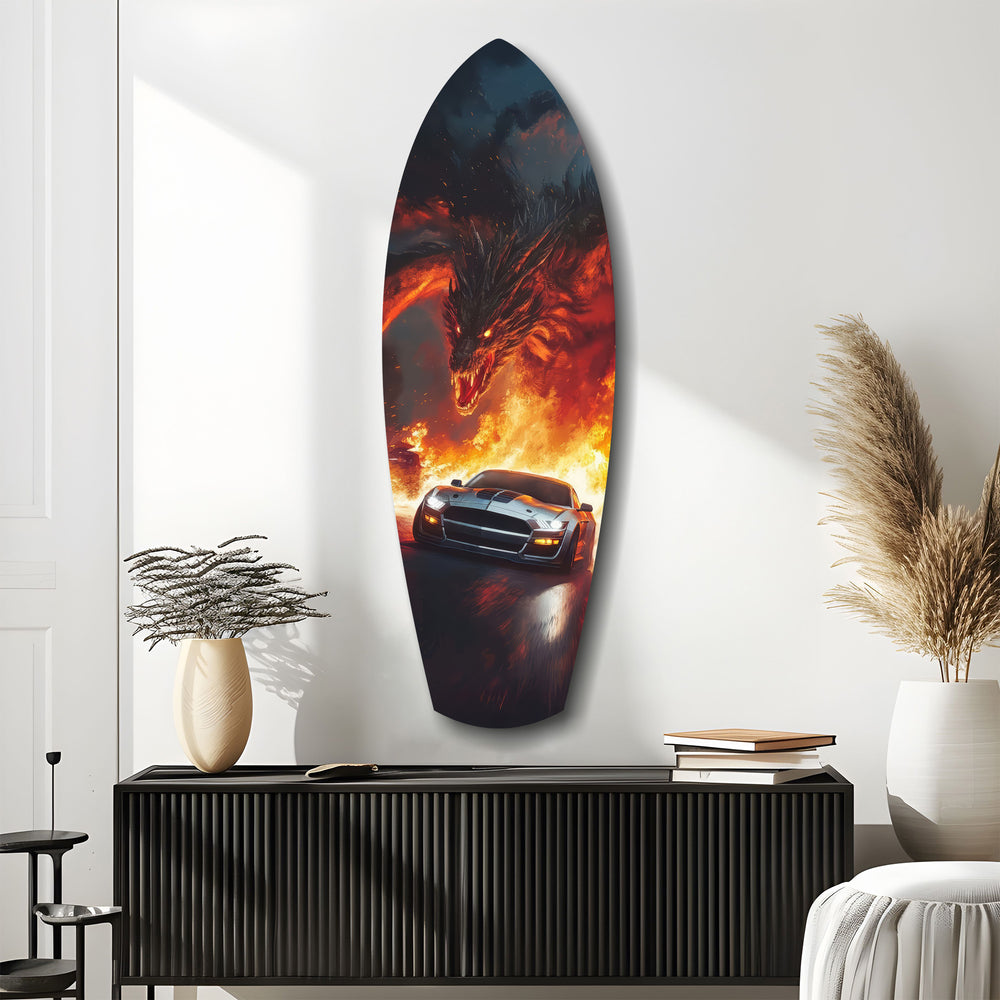 Dragon Sports Car Fire Tempered Glass Wall Art.