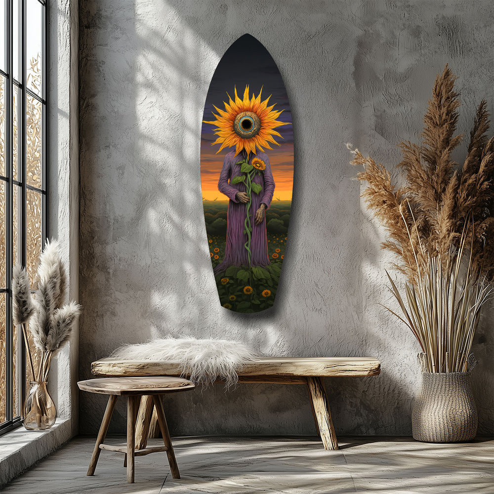 Sunflower-Headed Figure Surreal Glass Wall Art.