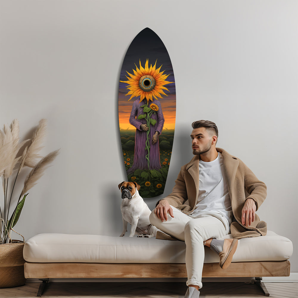 Sunflower-Headed Figure Surreal Glass Wall Art.