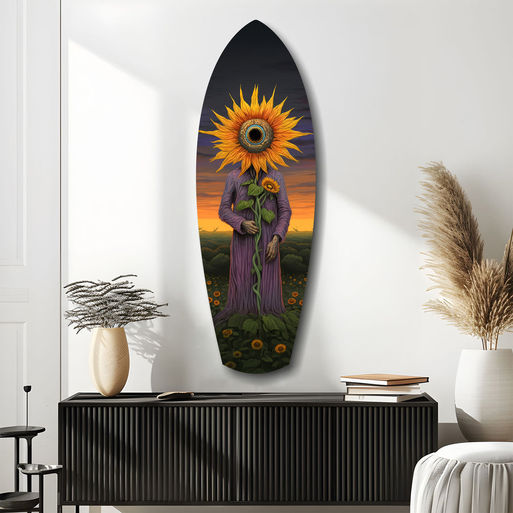 Sunflower-Headed Figure Surreal Glass Wall Art.