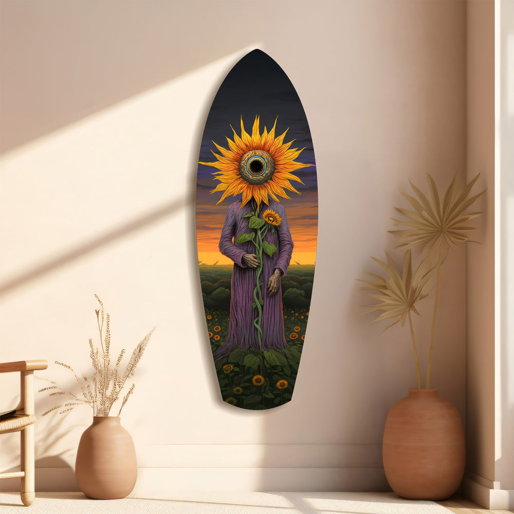 Sunflower-Headed Figure Surreal Glass Wall Art.