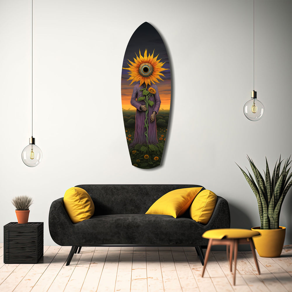Sunflower-Headed Figure Surreal Glass Wall Art.