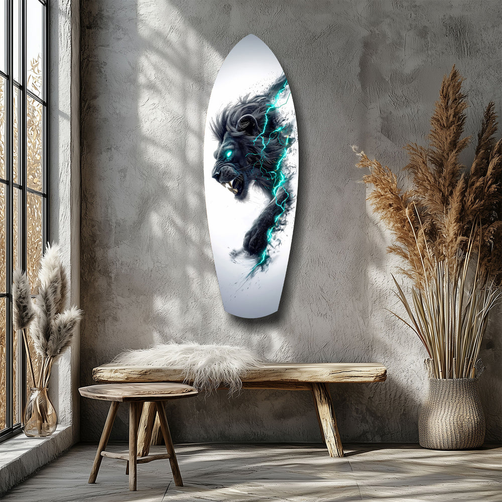 Black Lion Cyan Lightning Glass Wall Art.