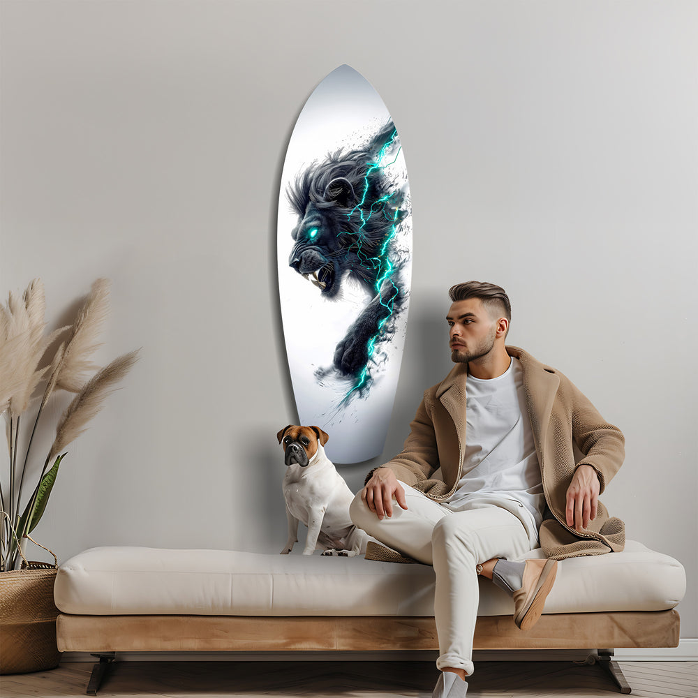 Black Lion Cyan Lightning Glass Wall Art.
