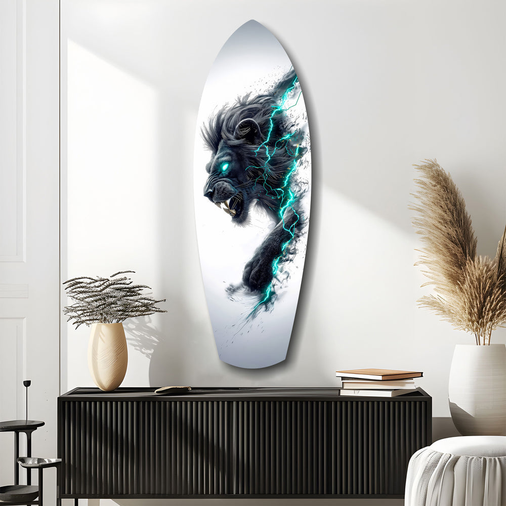 Black Lion Cyan Lightning Glass Wall Art.