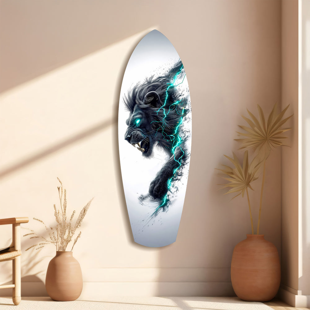 Black Lion Cyan Lightning Glass Wall Art.