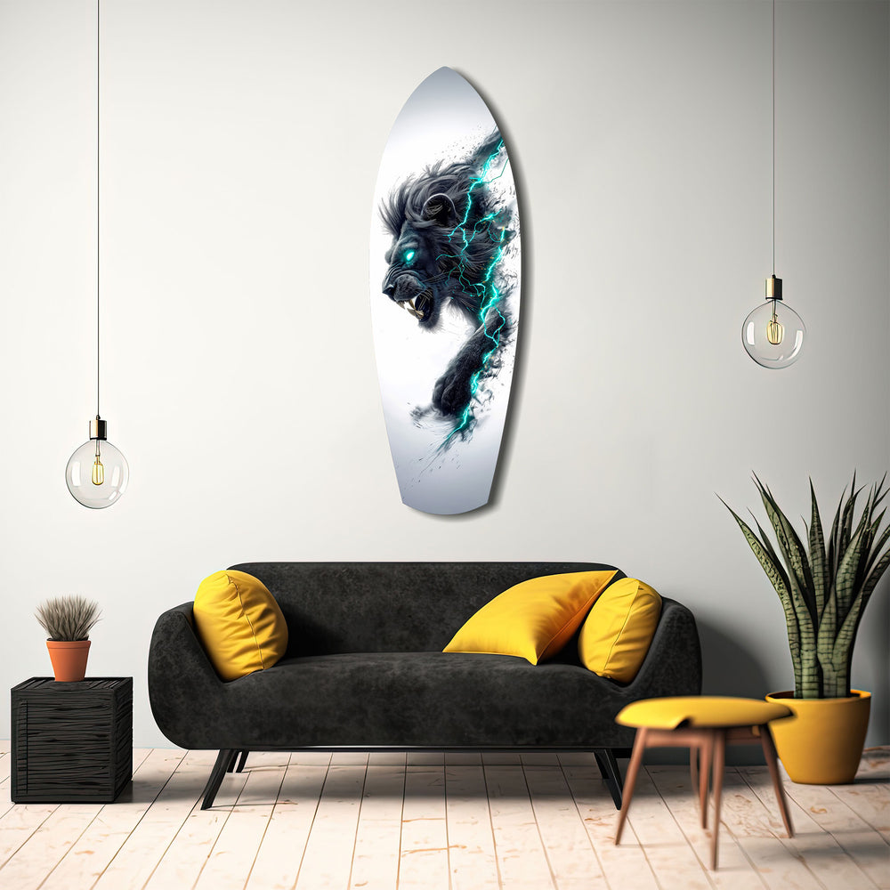 Black Lion Cyan Lightning Glass Wall Art.
