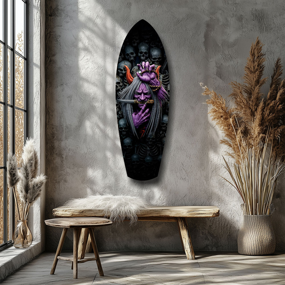 Purple Hannya Mask Skulls Dark Glass Wall Art.
